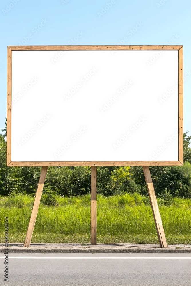 Fototapeta premium Blank billboard with wooden frame stands roadside, against a backdrop of greenery and blue sky