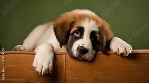 Goofy saint bernard puppy climbing indoor scene lifestyle photography realistic lighting authentic setting candid photo