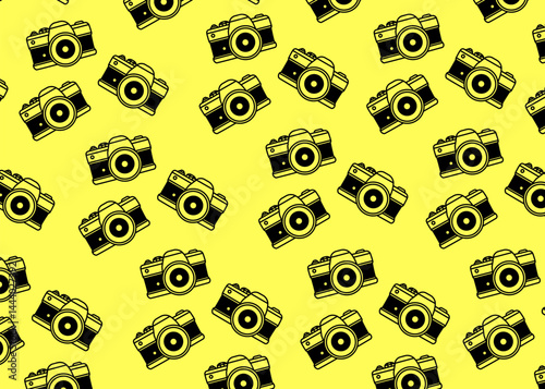 An Analogue camera illustration pattern with yellow background, brand packaging, product illustration hand drawn print ads, electronics business, camera