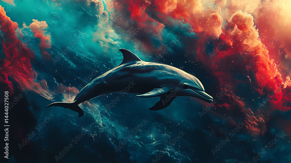 Obraz premium A tranquil dolphin spirit animal swimming in a surreal ocean. [Surreal Oceans] | Volcanic Reefs | magma coral. Illustration