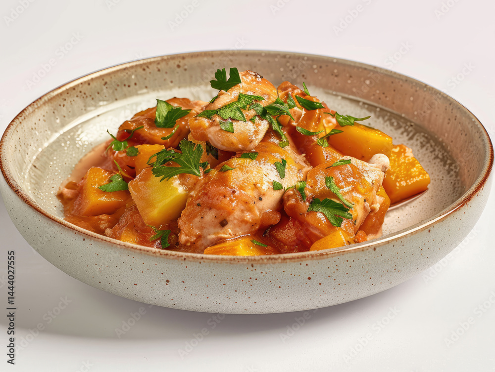 Chicken and pumpkin stew, in a light orange sauce, garnished with fresh parsley, served in a speckled grey bowl Chicken and pumpkin stew, in a light orange sauce, garnished with fresh parsley, served in a speckled grey bowl