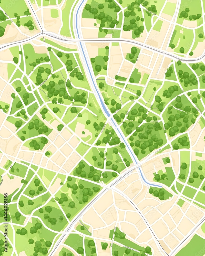 Fototapeta premium Detailed aerial view of a city with abundant green spaces, roads, and a waterway