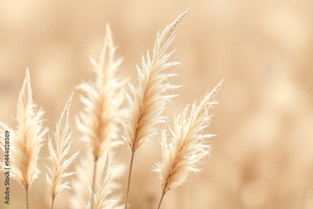 Fototapeta premium Abstract natural background of soft plants Cortaderia selloana. Pampas grass on a blurry bokeh, Dry reeds boho style. Fluffy stems of tall grass