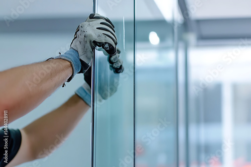Worker Installing Glass Panel in a Modern Building