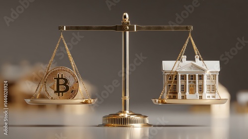 A golden balance scale weighs Bitcoin against a house, symbolizing the choice between digital wealth and physical assets. Perfect for financial themes, investments, and crypto vs real estate compariso