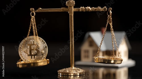 Wallpaper Mural A golden balance scale weighs Bitcoin against a house, symbolizing the choice between digital wealth and physical assets. Perfect for financial themes, investments, and crypto vs real estate compariso Torontodigital.ca