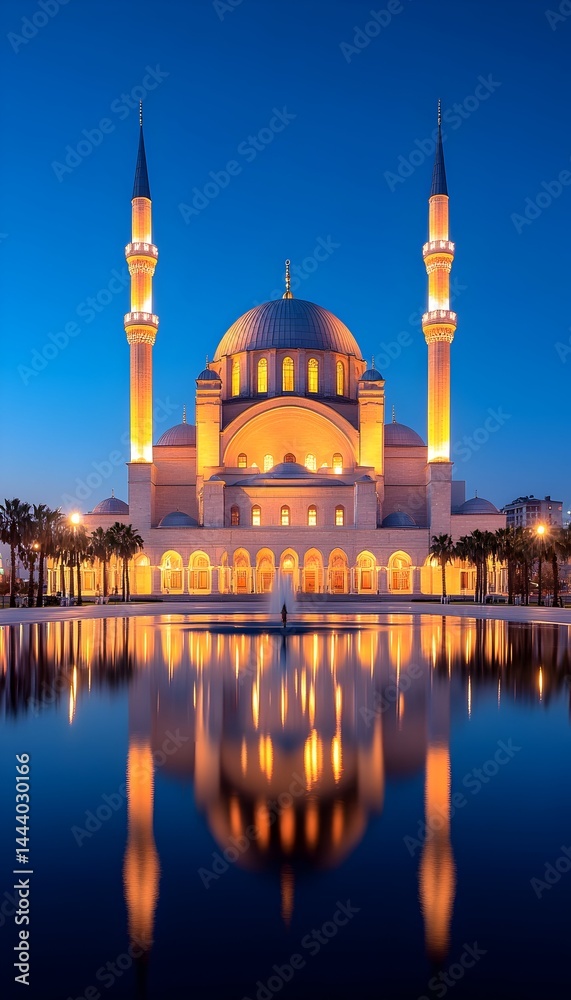 Obraz premium Illuminated mosque at twilight, reflected in a still pond, with two minarets flanking the central dome