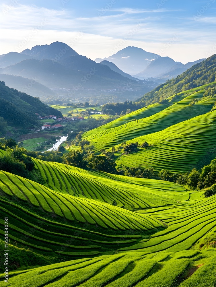 Obraz premium Lush green terraced hillsides slope down to a river valley, nestled amongst hazy mountains under a vibrant sky