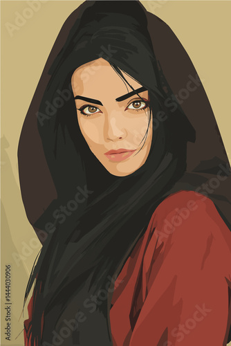 Middle Eastern Woman Portrait with Black Hijab - Vector Art
