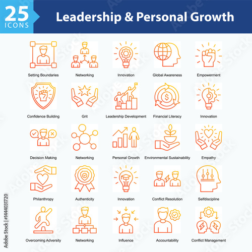 Leadership & Personal Growth is a collection of icons in sheet format illustrating self-development, leadership, decision-making, and global and social awareness throughout personal growth journeys.