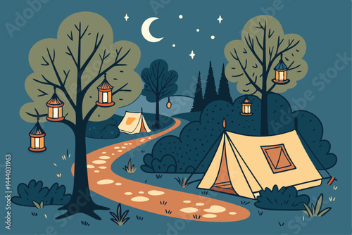 A magical nighttime scene at an adventure camp, featuring illuminated trees with lanterns, showcasing cozy tents and campfire ambiance.