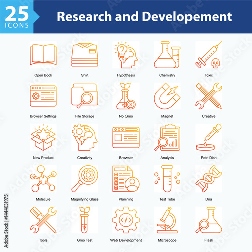 Research and Developeme is a collection of icons in sheet format illustrating scientific innovation, technology research, and the integration of digital tools and time management.