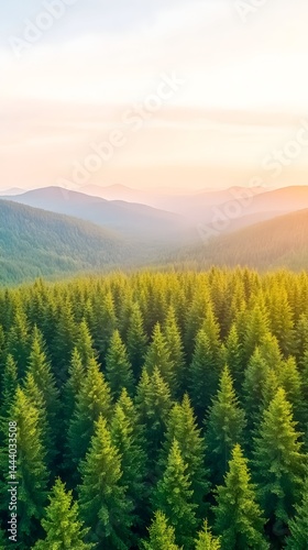 Serene sunset over a lush evergreen forest, mountains in the hazy distance
