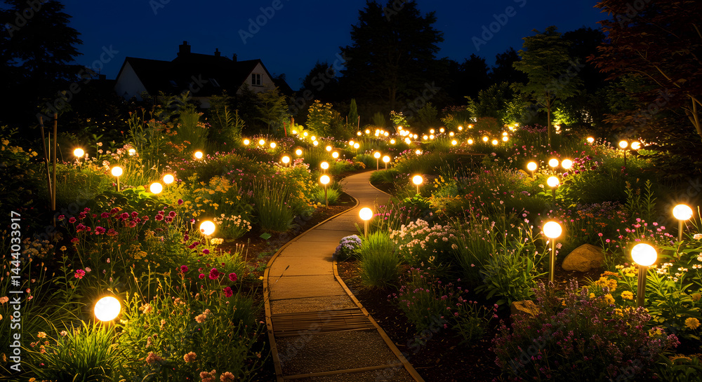 Obraz premium Night Garden Path: Illuminated Walkway with Soft Lighting