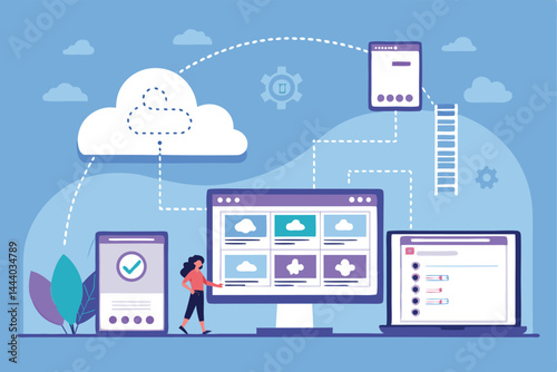 Create an abstract, vibrant illustration for a cloud-based software landing page, featuring dynamic shapes and gradients representing data flow and connectivity.