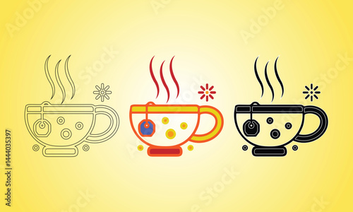 Colorful Minimalist Tea Cup Illustrations with Steam on Yellow Background