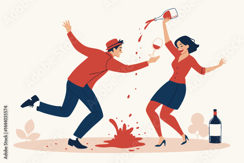 A comical depiction of an intoxicated couple, clumsily spilling red wine while attempting a passionate dance.  Focus on the chaotic energy and spilled wine.
