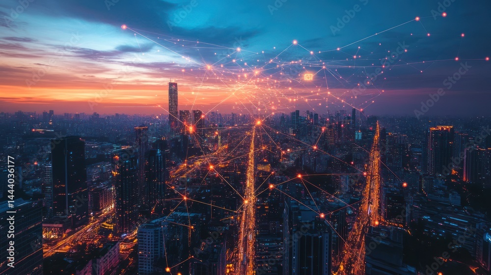 Fototapeta premium Urban Connectivity: A Visual Representation of a Connected Metropolis at Dusk