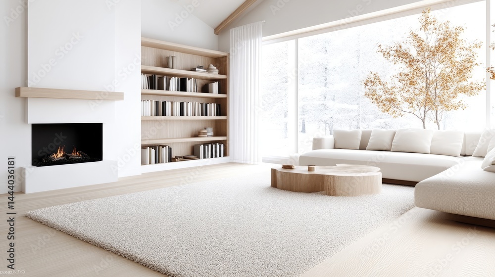 Fototapeta premium Modern minimalist living room with fireplace and large windows