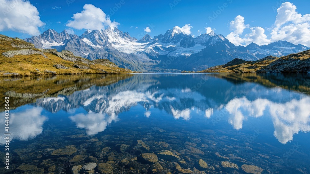 Obraz premium Majestic mountain range reflected in tranquil alpine lake on a bright day