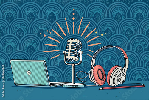 Create a bold line art illustration of a fun and vibrant podcast recording setup.  Include microphones, headphones, a laptop, and playful design elements.