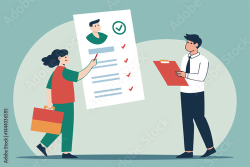 An overwhelmed job applicant struggles to hold a massive resume while a recruiter (partially visible) observes during a job interview.
