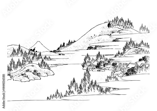 相州箱根湖水　線画