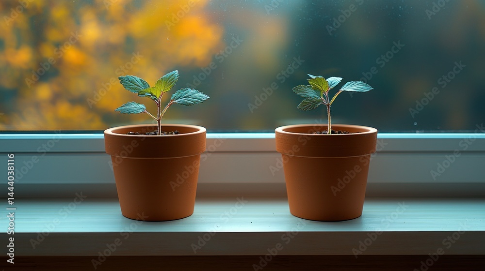 Two small plants in terracotta pots on a windowsill
