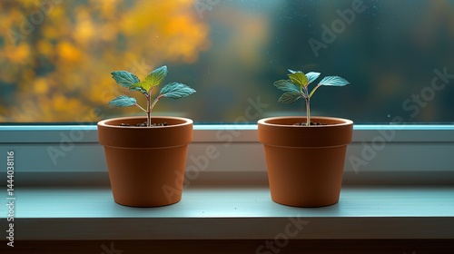 Obraz na płótnie Two small plants in terracotta pots on a windowsill w salonie