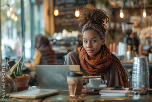 An ambitious entrepreneur is fully immersed in their diligent work mode at a cozy coffee shop, where they are surrounded by multiple laptops, notebooks, and a steaming cup of artisanal coffee, perfect