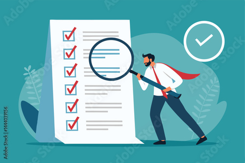 Create a bold, flat-style vector illustration of a businessman meticulously reviewing tax documents, showcasing a serious expression and possibly a calculator.
