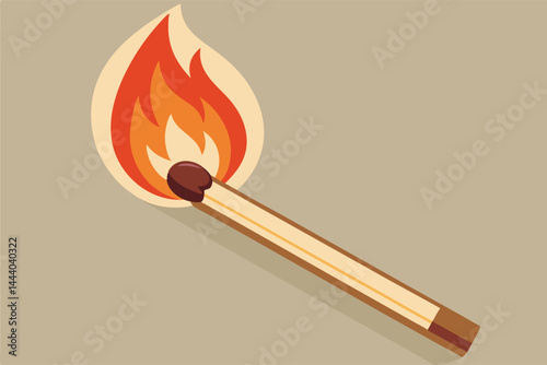Create a vector illustration of a burning matchstick in extreme close-up, showcasing the intense detail of the flame and the glowing ember.  Solid color, no gradients.