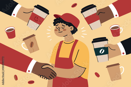 A person overwhelmed and surrounded by numerous cups of coffee, depicting the struggles of caffeine addiction.  Show exhaustion and dependence.