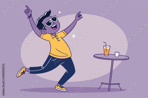 Create a cartoon illustration of an inebriated man, wearing sunglasses at night, showcasing a hilariously exaggerated state of intoxication.