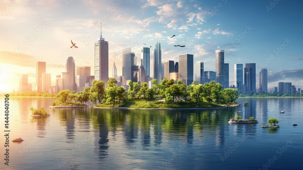 Fototapeta premium Verdant island metropolis at sunrise.