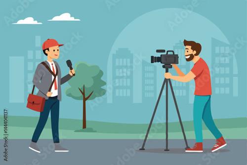 Create a cartoon flat design illustration of a female reporter interviewing a male source, showcasing a lively discussion. Include microphones, notebooks, and city background.