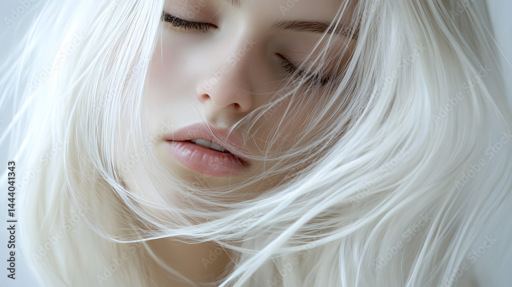 Naklejka premium Captivating portrait of a beautiful woman with long white hair studio photography minimalist close-up