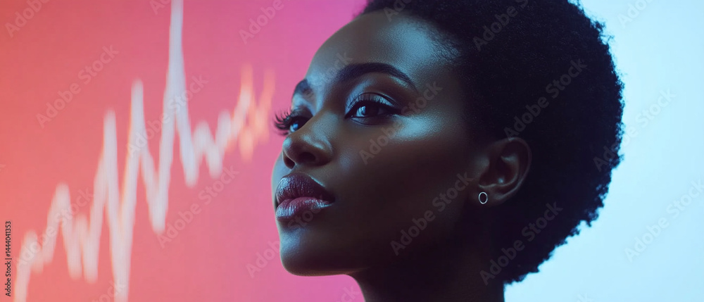 A captivating portrait of a woman with an expressive gaze, showcasing elegance against a colorful abstract background.