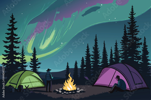 Majestic aurora borealis illuminating a serene camping scene under a vibrant night sky.  Silhouetted tents and starry expanse.