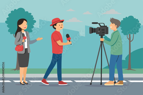 Create a vibrant cartoon flat design illustration of a reporter conducting a street interview with a friendly citizen.  Show diverse characters and city backdrop.