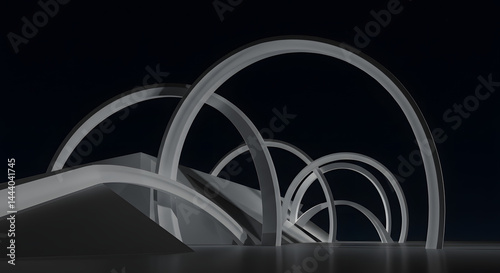 Abstract White Arcs: Minimalist Architectural Design in Dark Space