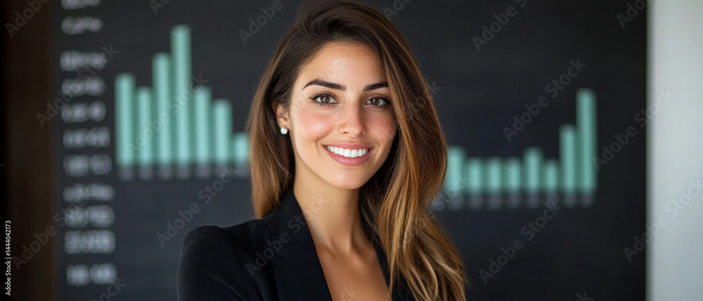 A confident businesswoman smiles in a modern office with financial charts in the background, showcasing professionalism and ambition.