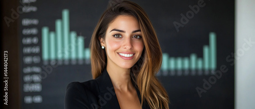 Obraz na płótnie A confident businesswoman smiles in a modern office with financial charts in the background, showcasing professionalism and ambition. w salonie
