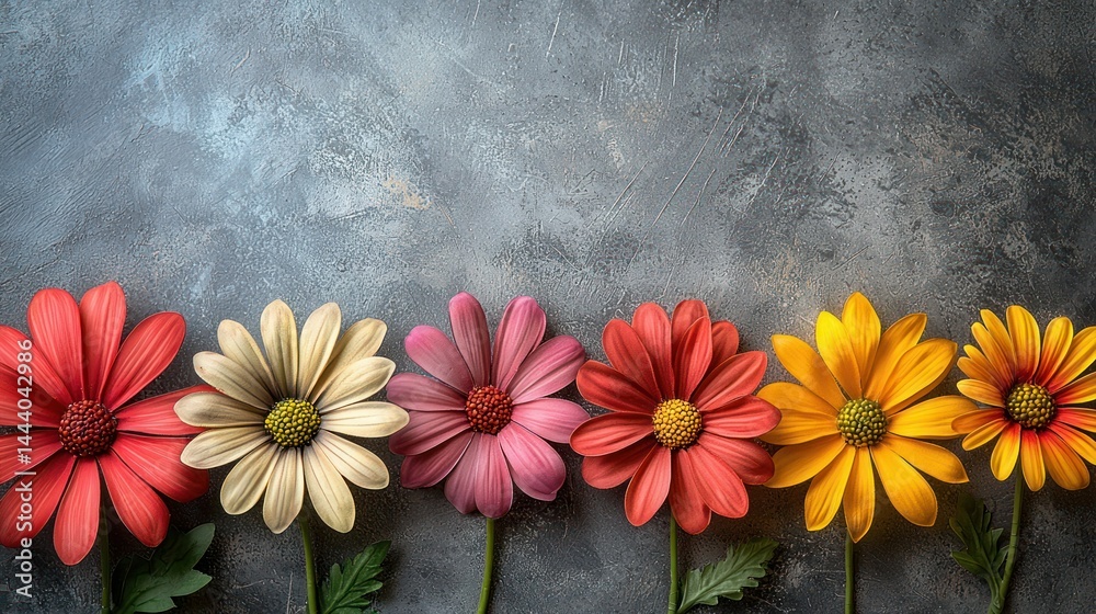 Vibrant flowers in various colors on a textured background