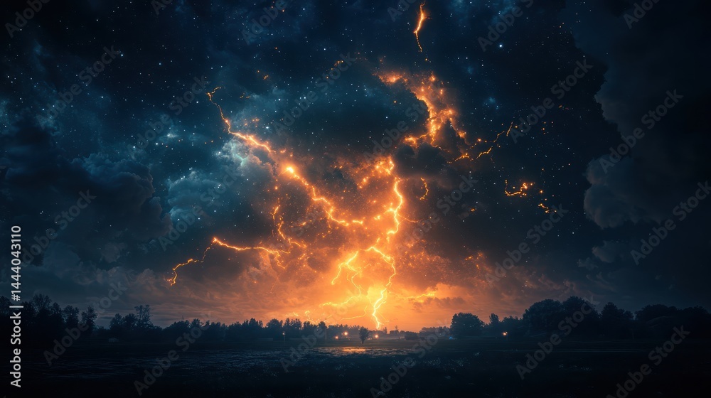 Naklejka premium Dramatic celestial display with electrifying thunderstorm at dusk scenery