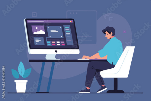A clean vector illustration of a UI designer meticulously crafting a sleek dark mode interface on a computer screen.  Focus on the design process.