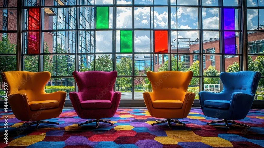 Vibrant seating area with colorful chairs and window views