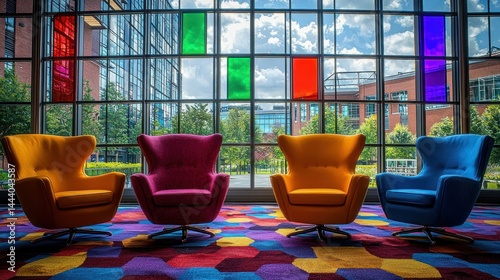 Obraz na płótnie Vibrant seating area with colorful chairs and window views w salonie