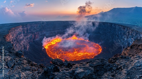 Volcanic crater ablaze at dawn