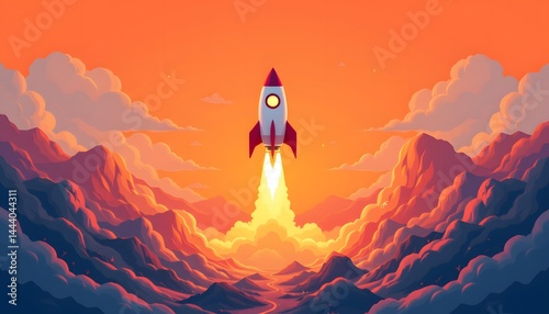 startup launch scene with rocket icon and open sky center